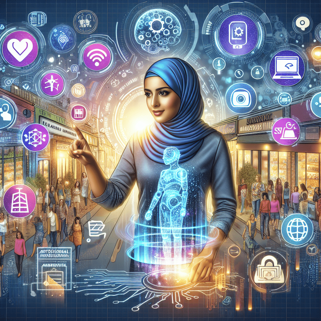 Illustration of a small business owner using AI tools for marketing, surrounded by icons of chatbots, data analytics, personalized marketing, and automated email campaigns