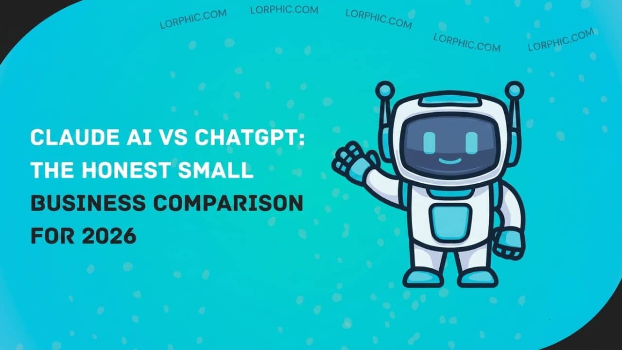 Side by side comparison of Claude AI vs ChatGPT interfaces on laptop showing writing quality and coding output differences for small business use cases in 2026