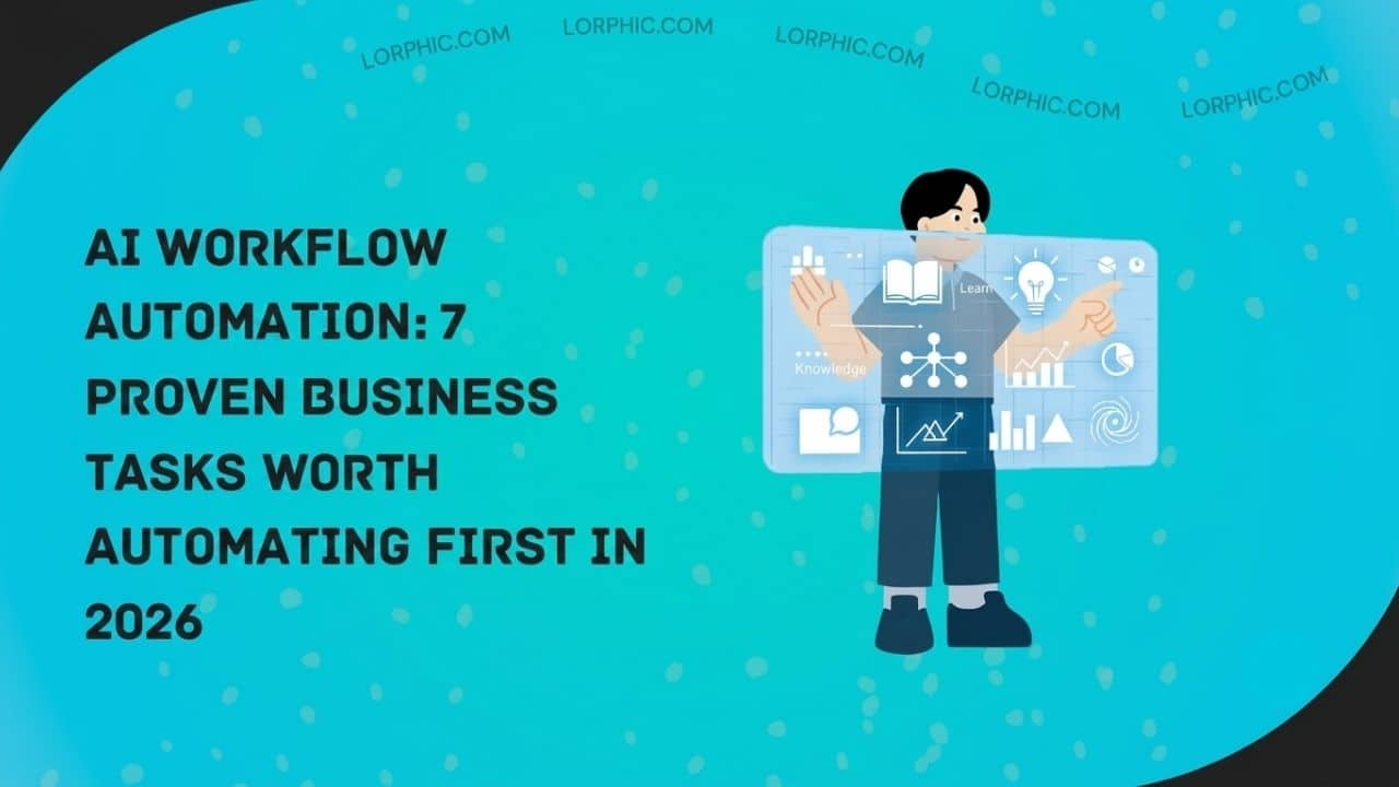 Small business owner setting up AI workflow automation dashboard on laptop to save time on repetitive tasks