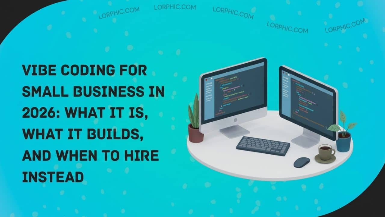 Small business owner using a vibe coding tool to build a website on laptop with AI prompt interface visible