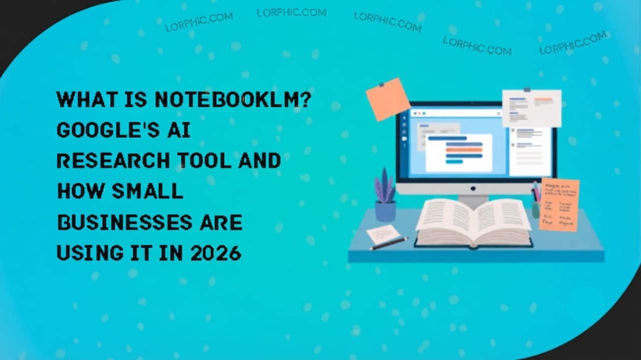 Small business owner using NotebookLM on laptop showing Google's AI notebook interface with uploaded documents and audio overview feature