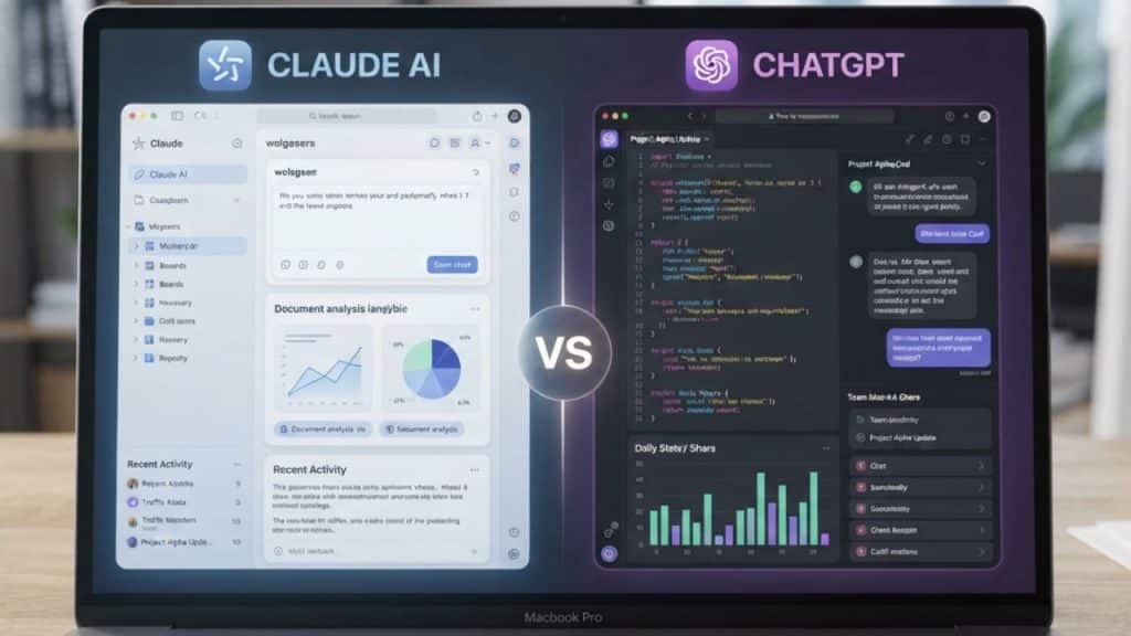 Side By Side Comparison Of Claude Ai Vs Chatgpt Interfaces On Laptop Showing Writing Quality And Coding Output Differences For Small Business Use Cases In 2026