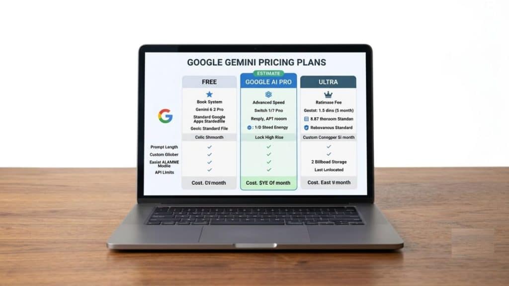 Small Business Owner Reviewing Google Gemini Pricing Plans On Laptop Showing Comparison Of Free Google Ai Pro And Ultra Tiers With Feature Breakdown