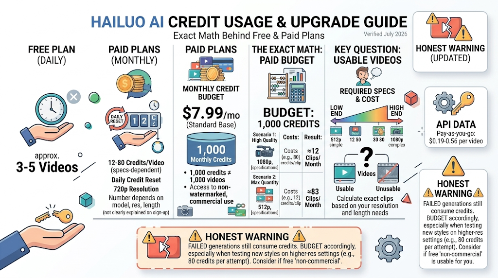 Hailuo Ai Free Credits Dashboard Showing A Creator Checking Daily Free Credit Balance, Credit Usage Per Video Generation, And Paid Plan Comparison On A Laptop