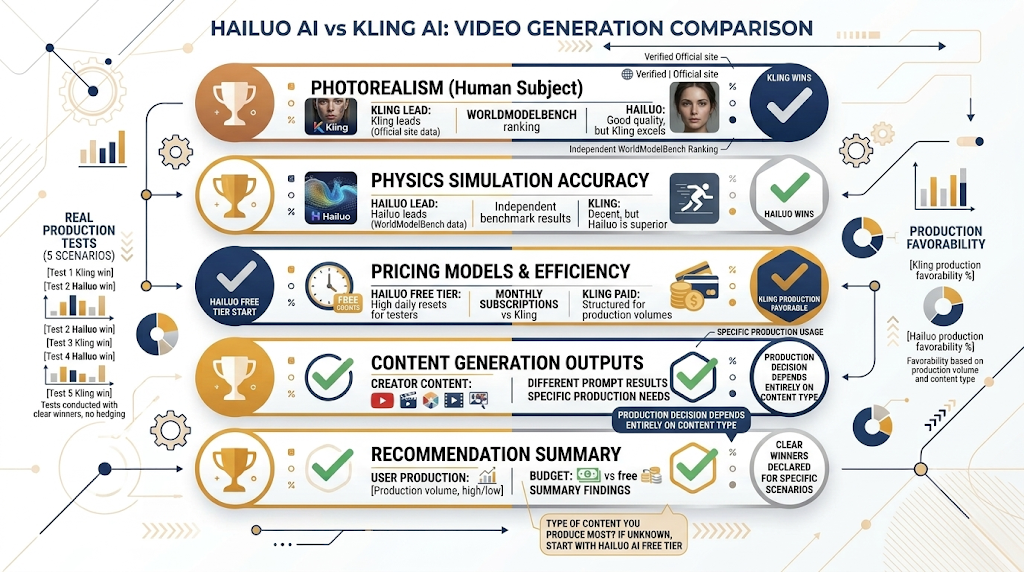 Side By Side Comparison Of Hailuo Ai Vs Kling Ai Video Outputs On Laptop Showing Physics Simulation Result Versus Human Subject Realism Test With Quality And Cost Comparison Data